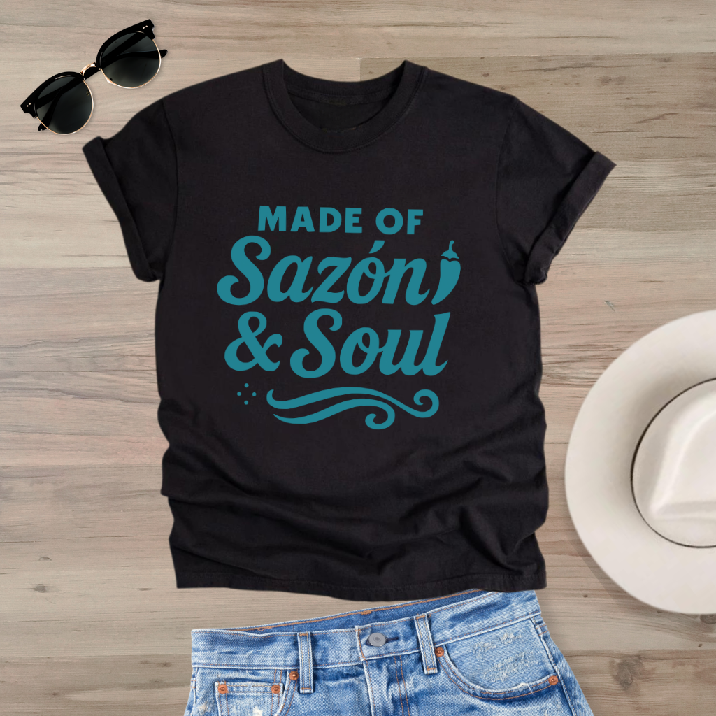 Sazón & Soul T-Shirt - Bold Latino Graphic Tee with Retro Flavor & Style