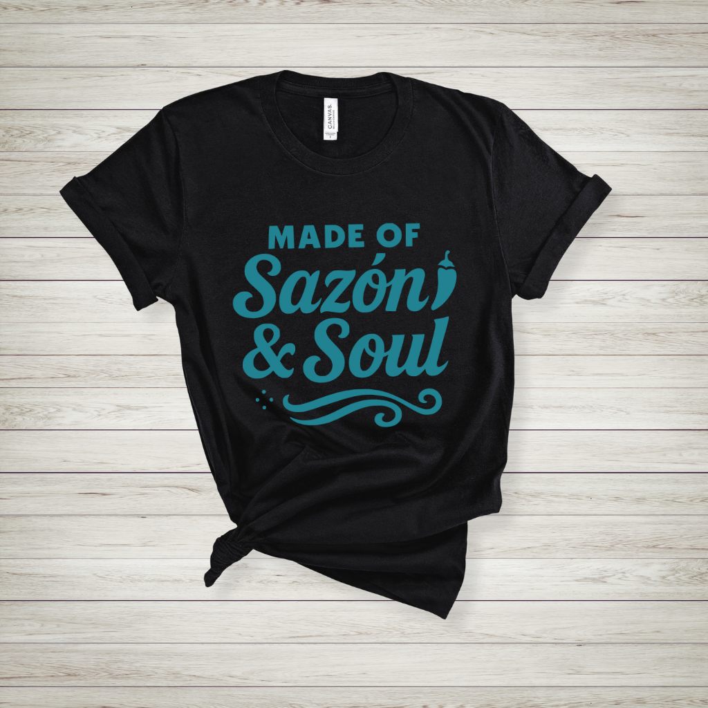 Sazón & Soul T-Shirt - Bold Latino Graphic Tee with Retro Flavor & Style